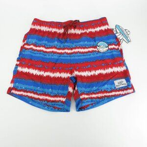 Beach Bros Red Blue Tie-Dye Stripe Swim Shorts Drawstring Pockets Small NWT $58